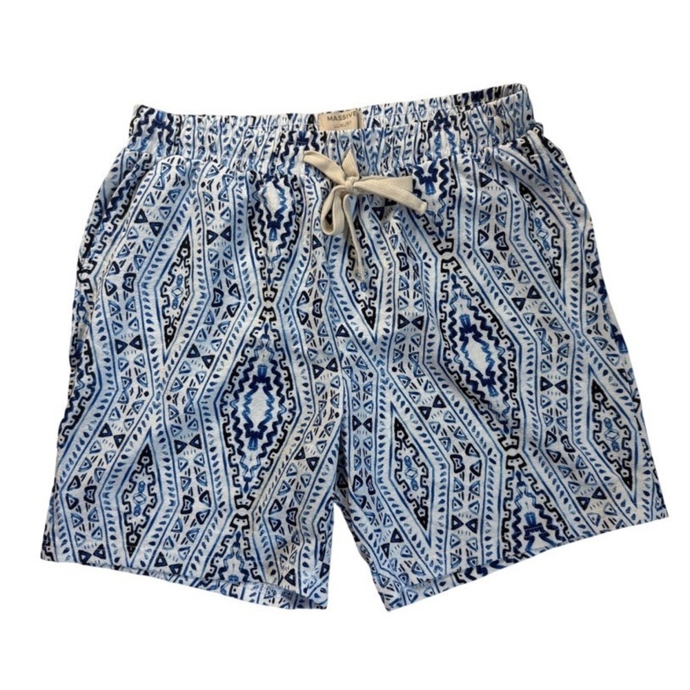 Massive Luxury Mens Blue White Geometric Tribal Print Swim Trunks Size Medium